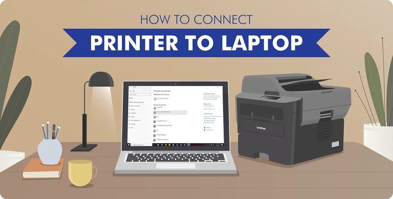 Laptop showing the Windows printers and scanners settings next to a printer