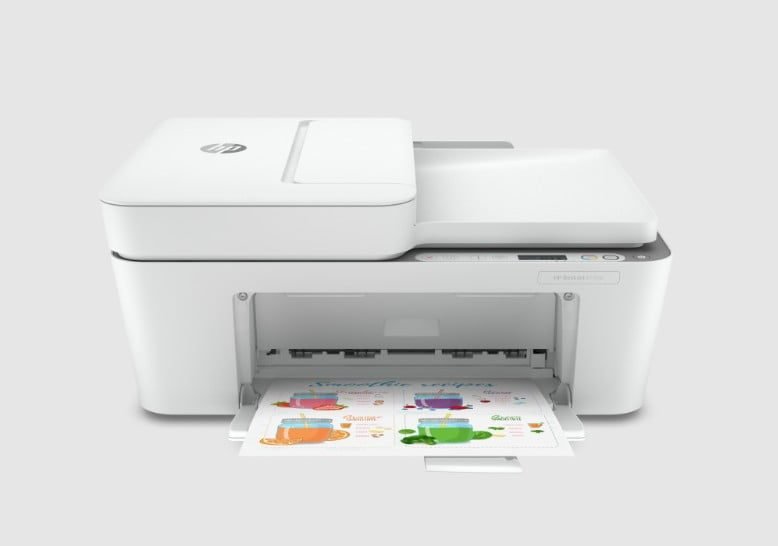 HP inkjet printer producing a colorful printout at home
