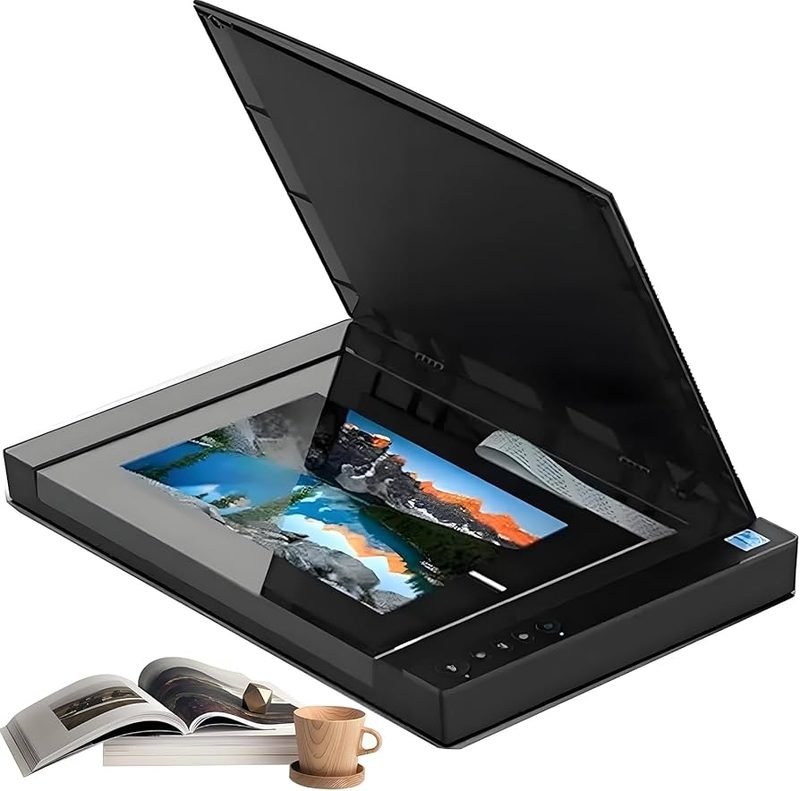 Flatbed scanner scanning a colorful photo with its lid open