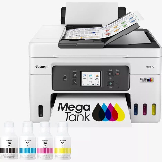 Canon MegaTank color inkjet all-in-one printer printing a color document