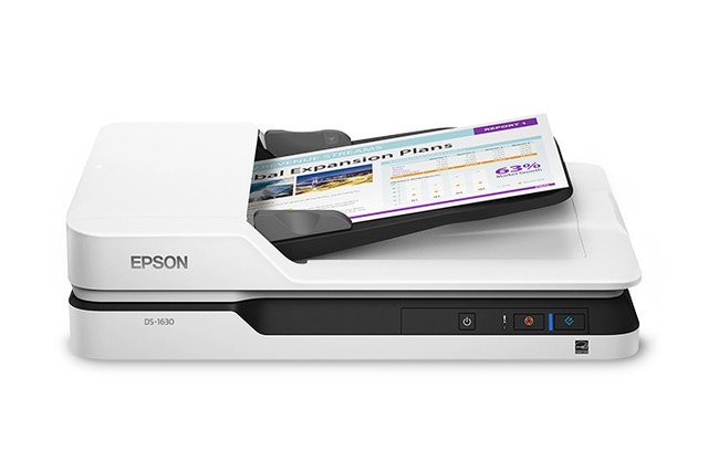 Epson DS-1630 flatbed document scanner digitizing a color report