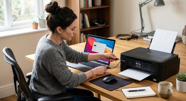 Adding a printer to a laptop with a USB cable in a home office